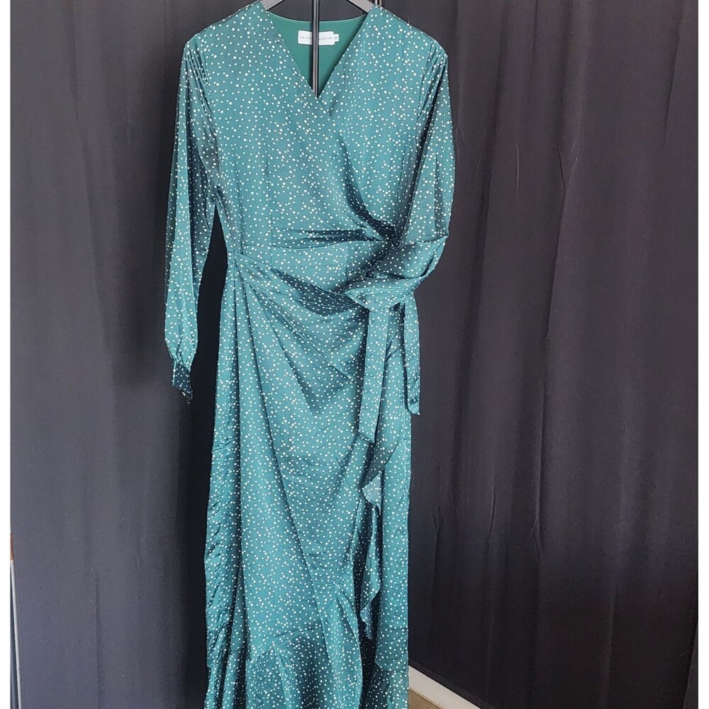 Veiled Collection Emerald Polka Dot Satin Wrap Maxi Dress Ruffle Modest Size XS
